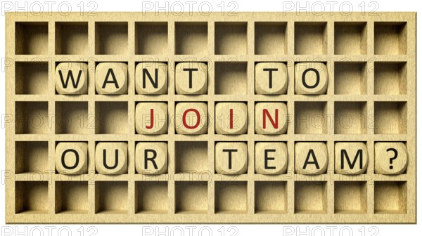 3d rendering of a wooden grid with cubes and the message want to join our team
