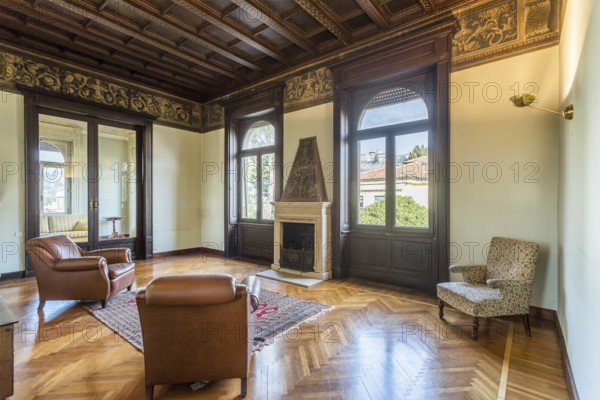 Interior of an ancient luxury house. Decorated wooden ceiling. Elegant fireplace. Living room