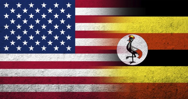 United States of America (USA) national flag with Uganda National flag. Grunge background