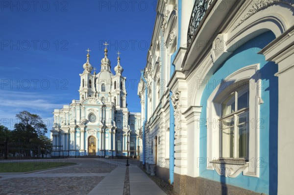 Beautiful Smolny Cathedral, a striking example of baroque architecture in St. Petersburg, Russia. The picture was taken with the tilt-shift lens, vertical lines of architecture preserved