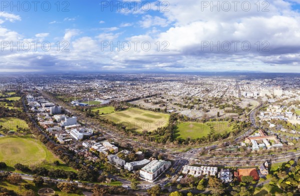 Aerial view of Royal Park and Ikon Stadium of Carlton Football Club on a cool winter's day from Parkville in Victoria, Australia
