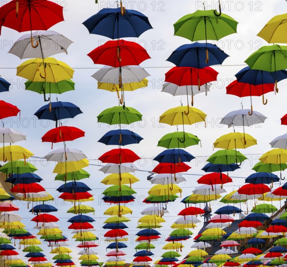 Beautiful Old Town with Colorful Hanging Umbrellas on the City Street in Olten, canton Solothurn, Switzerland.