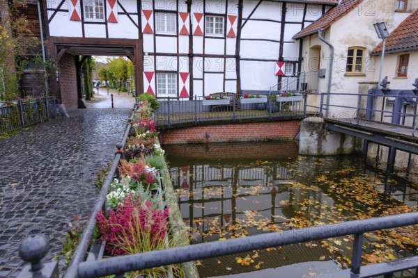 Canal with half-timbered house in the background and autumn leaves on the water, gemen, münsterland, germany