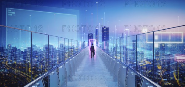 Businessman walking on skywalk bridge to glowing information portal above futuristic cityscape with digital transformation at dusk. 3D rendering