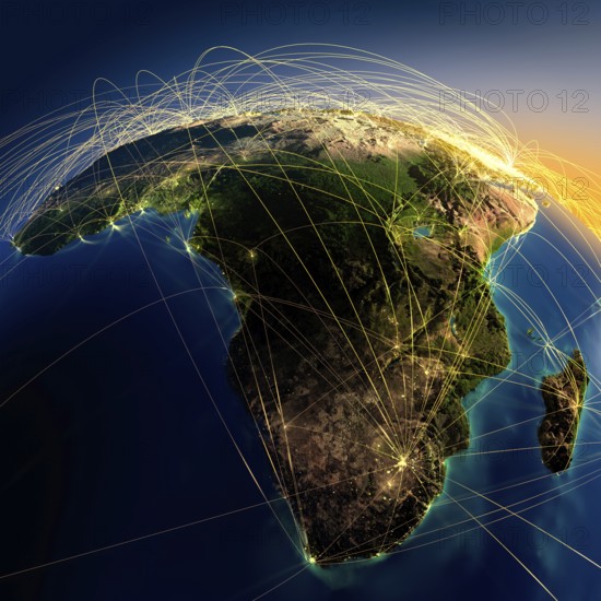 Highly detailed planet Earth at night with embossed continents, illuminated by light of cities, translucent and reflective ocean. Earth is surrounded by a luminous network, representing the major air routes based on real data