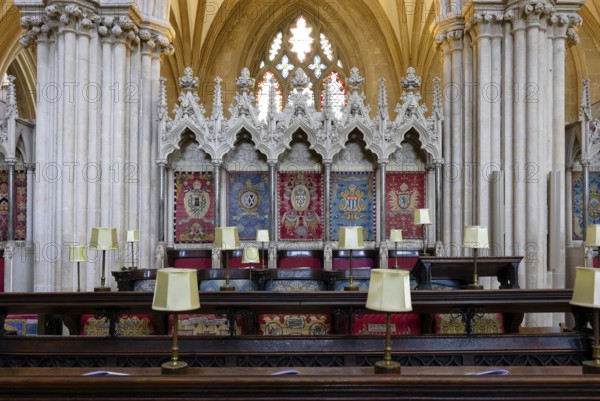 Interior view, choir stalls, Wells Cathedral, Wells, England, Great Britain