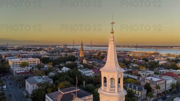 Aerial view of the St Michaels Anglican Church in Charleston SC. Listed on the National Register of Historic Places, it is the oldest surviving religious structure in the city