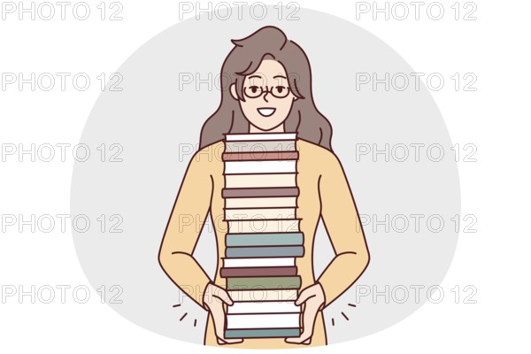 Smiling young woman in glasses with pile of books enjoy reading. Happy girl with stack of textbooks. Literature and learning. Vector illustration