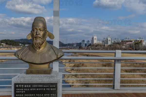 Daejeon, South Korea. January 30, 2020: Bronze bust of Choe Mu-Seon (1325–1395) medieval Korean scientist, inventor, and military commander during the late Goryeo Dynasty. For editorial use only