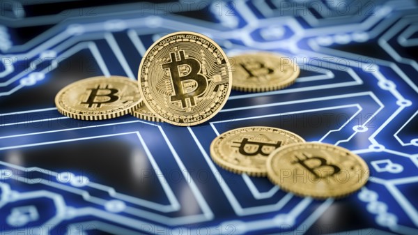 3d rendering of a some bitcoin coins on a dark electronic background