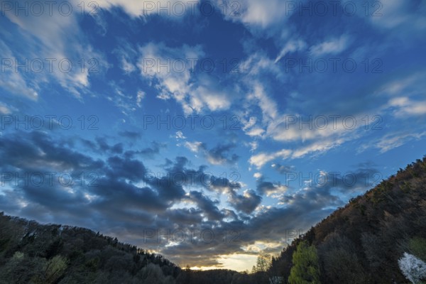 Blue sky with clouds over the Silzer See, Silz, Rhineland-Palatinate, Germany