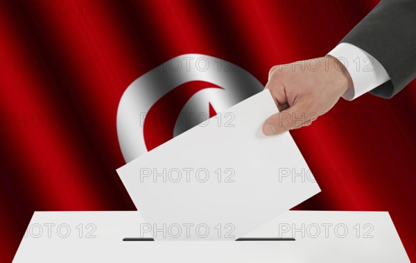 The Tunis flag and the hand with the bulletin about the ballot box