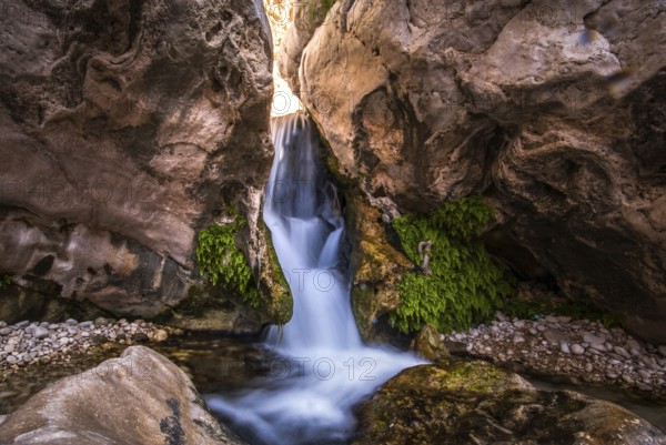 Small waterfall flows through a rocky gorge with moss, Oman