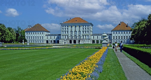 Nymphenburg Palace, park, flowerbeds, visitors, Munich, Bavaria, Germany
