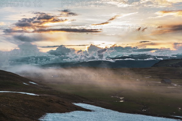 Panoramic view of Mount Sciliar from Alpe di Siusi in the Dolomites in South Tyrol, Italy