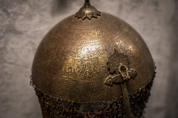 Persian helmet with engraved elephant scene, 16th century, Álava Armory Museum, Vitoria, Basque Country, Spain