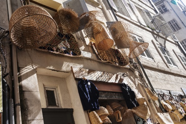 Wickerwork, display in a shop in Noailles, Marseille, France