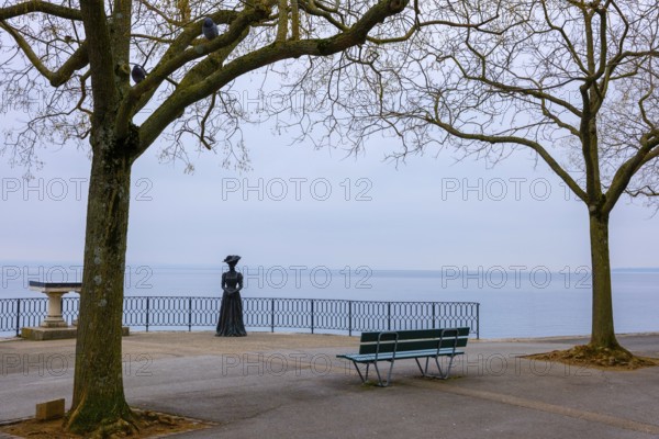 Waterfront with Bare Tree and Statue on Lake Neuchatel in Old Town in a Foggy Winter day in City of Neuchatel, Canton Neuchatel, Switzerland