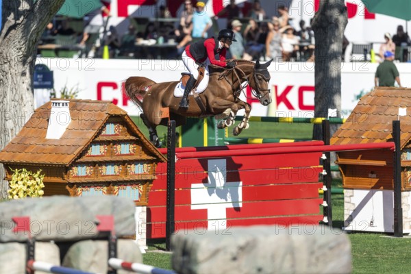 Calgary, Canada, Sept., 7, 2024. Jana Wargers of Germany, riding Dorette Old compete in the BMO Nations Cup during the CSIO Spruce Meadows, Masters, presented by Rolex