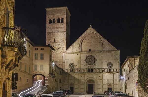 Evening. Assisi Cathedral dedicated to San Rufino is a major church in Assisi, Italy, that has been important in the history of the Franciscan order