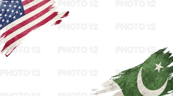 Flags of USA and Pakistan on white background