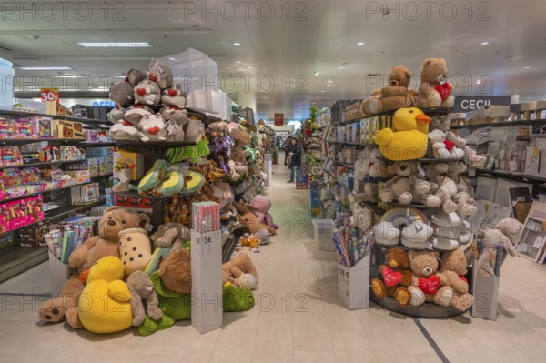 Shelves with soft toys and games, one-euro shop, Allgäu, Bavaria, Germany