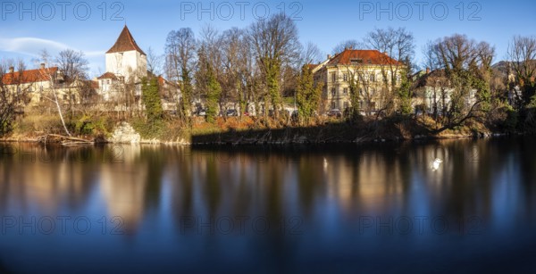 Freimannsturm, medieval town tower on the river Mur, long exposure, panoramic shot, Leoben, Styria, Austria