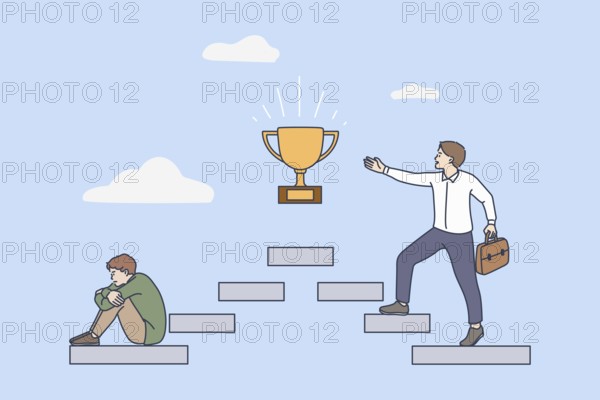 Happy motivated man on career steps walk to success or goal achievement, male in depression from business failure or loss. Never lose hope. Motivation, step by step. Flat vector illustration