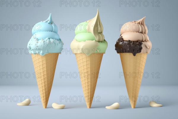 Illustration 3d render of melting summer ice cream in a cone on a pastel background, multicolored ice cream, delicious, mouthwatering, illustration