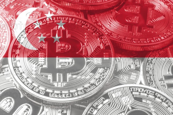 Singapore bitcoin flag, national flag cryptocurrency concept black background