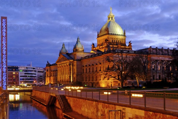 Federal Administrative Court at the illuminated Mühlgraben in the blue hour. Leipzig, Saxony, Germany