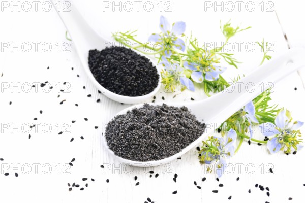 Flour and seeds of Nigella sativa in two spoons, sprigs of kalingini with blue flowers and green leaves on a light wooden board background