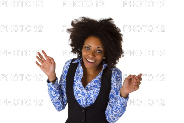 Laughing African-American woman cropped on a white background