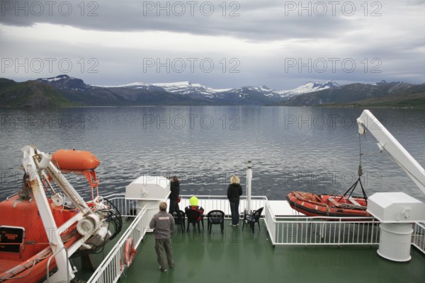 Ferry boat connecting Kiboghamn with Jektvik in Northern Norway at the arctic circle