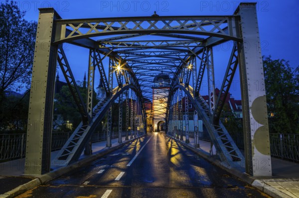 Waasenbrücke and Schwammerlturm, landmark of Leoben, blue hour, Leoben, Styria, Austria