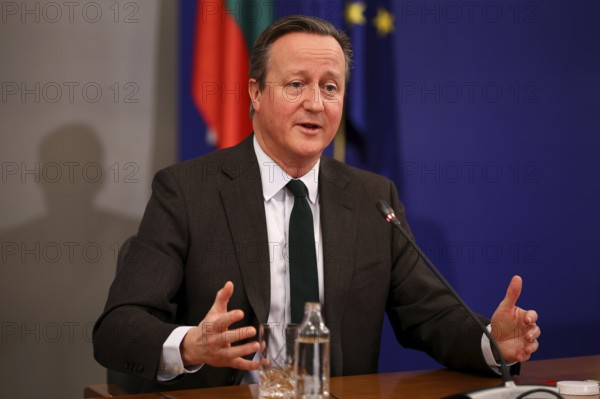 Sofia, Bulgaria - 14 February 2024: British Foreign Secretary David Cameron speaks to the media after his meeting with Bulgarian Prime Minister
