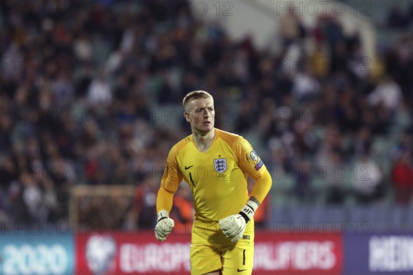 Sofia, Bulgaria - 14 October 2019: Goalkeeper Jordan Pickford is seen in action against Bulgarian football player during Bulgaria vs England match part of 2020 European Qualifier