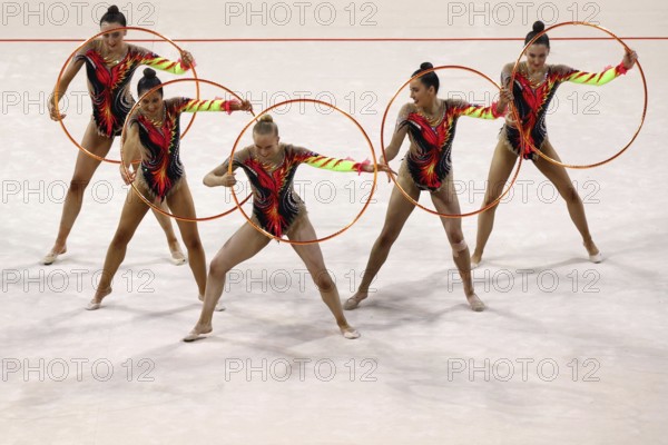 Sofia, Bulgaria - 16 September, 2022: Members of team Australia in action with 5 hoops during the 39th FIG Rhythmic Gymnastics World Championships