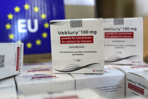 Sofia, Bulgaria - 29 October, 2020: Veklury remdesivir medication packs for the treatment of COVID-19 are seen in boxes before sent to hospitals in Bulgaria