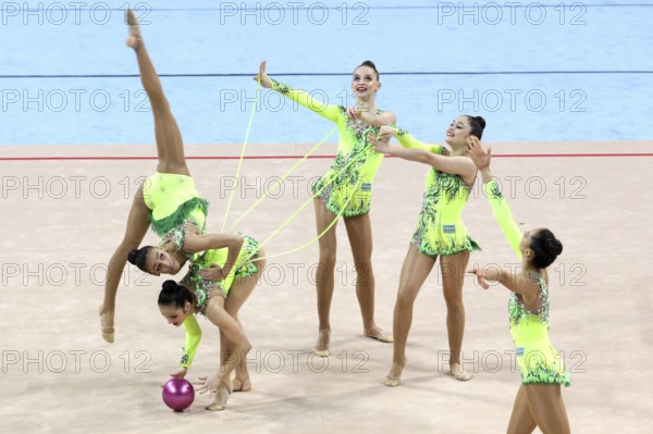 Sofia, Bulgaria - 6 May, 2017: Team Uzbekistan performs during Rhythmic Gymnastics World Cup Sofia 2017. Group tournament