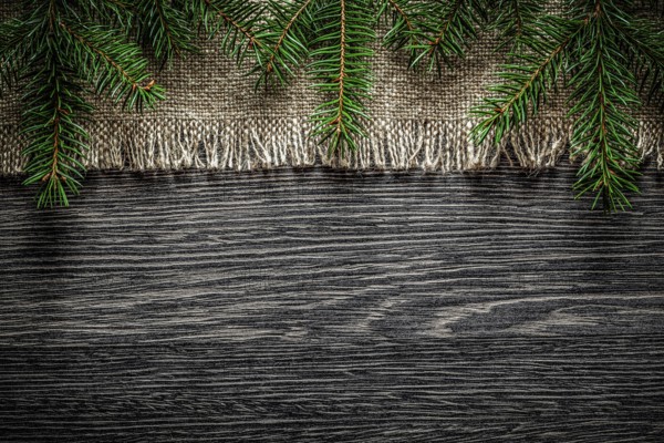 Vintage hessian pine branch on wooden board Christmas background
