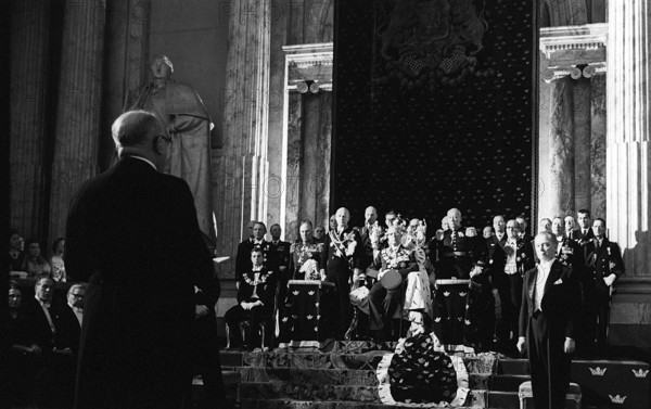 Carl XVI Gustaf, King of Sweden. Born 30 april 1946. Pictured when attending the ceremonial opening of the swedish parliament 1966. King Gustaf VI Adolf in the center sitting in a throne, from where he made his speach to the parliament