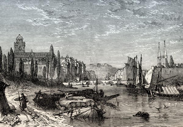 Historical view of Bayonne, early 19th century, department of Pyrénées-Atlantiques, Nouvelle-Aquitaine region of southwestern France, From British Battles on Land and Sea, by James Grant