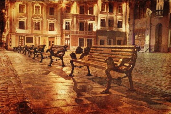 Vintage style image of old european town at night