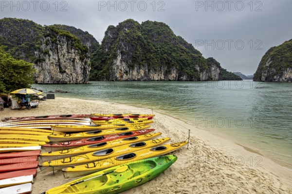 Several colourful kayaks lying on the beach in front of green rocks and calm water under a cloudy sky, kayaks for tourists in Halong Bay in Vietnam