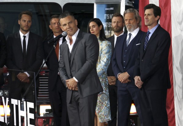 Miles Teller, Taylor Kitsch, Josh Brolin, Jeff Bridges, Jennifer Connelly, Dierks Bentley, Joseph Kosinski and James Badge Dale at the Los Angeles premiere of 'Only The Brave' held at the Regency Village Theatre in Westwood, USA on October 8, 2017