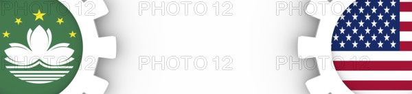 Web Banner, Header Layout Template. Politic and economic relationship between USA and Makao. National flags cog wheels. 3D rendering