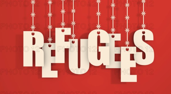 Image relative to migration from africa to european union. Refugees text hanging by barbed wire