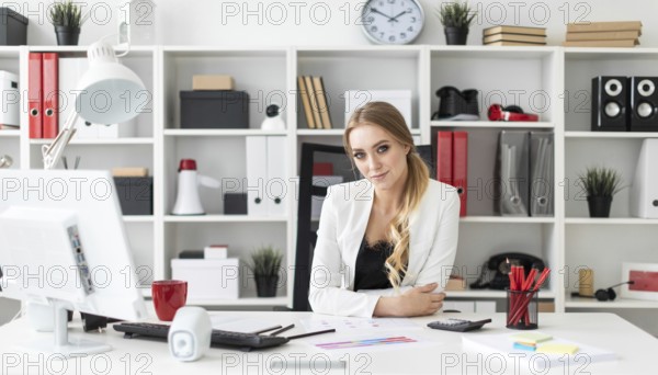 Beautiful young girl with blond hair in a white jacket and black blouse is working in the office. photo with depth of field