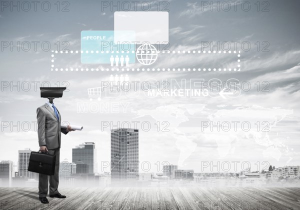 Businessman with camera instead of head and media user interface on screen